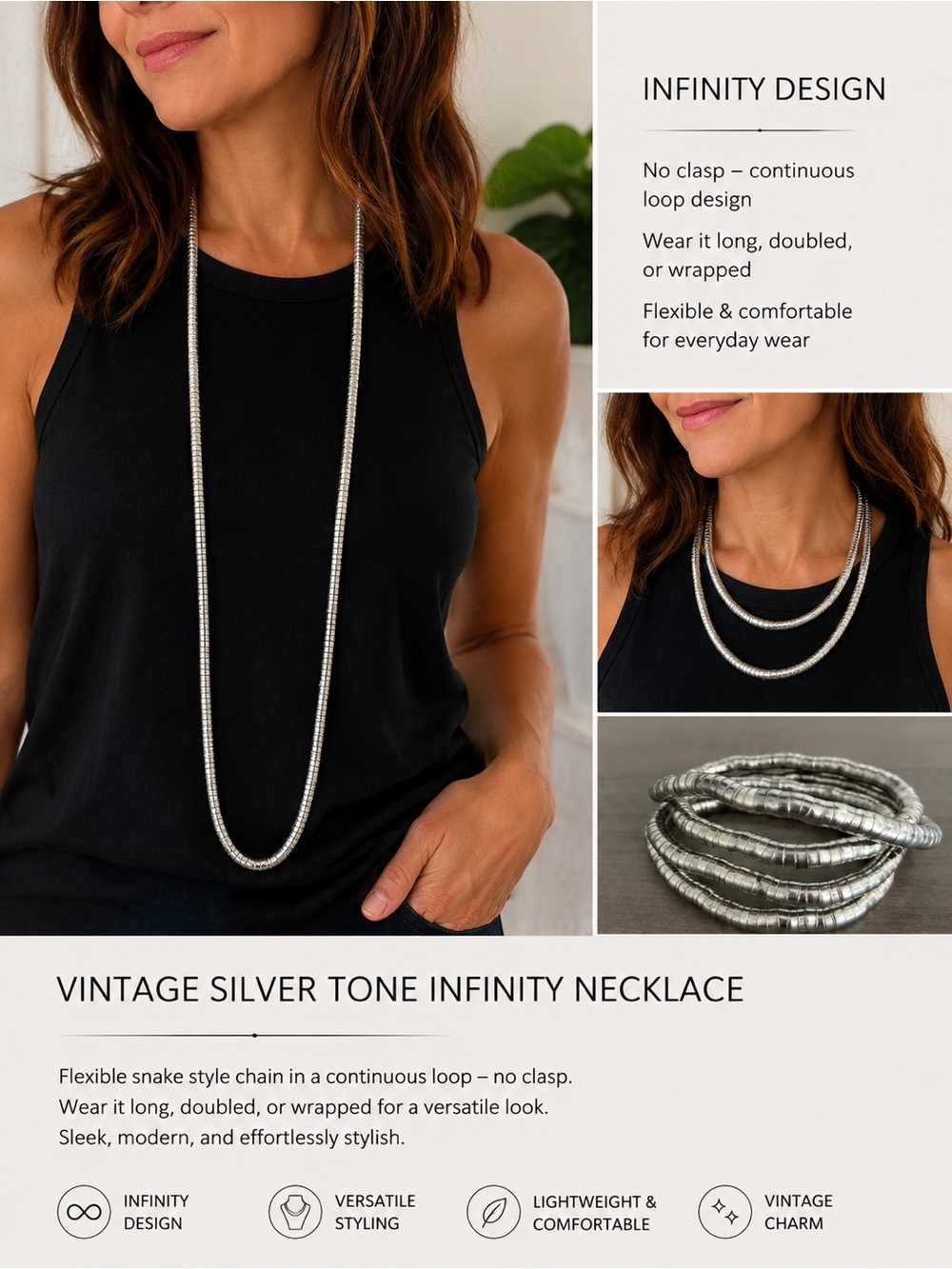 Vintage Silver Tone Flexible Snake Coil Necklace 38” Modernist Statement Jewelry